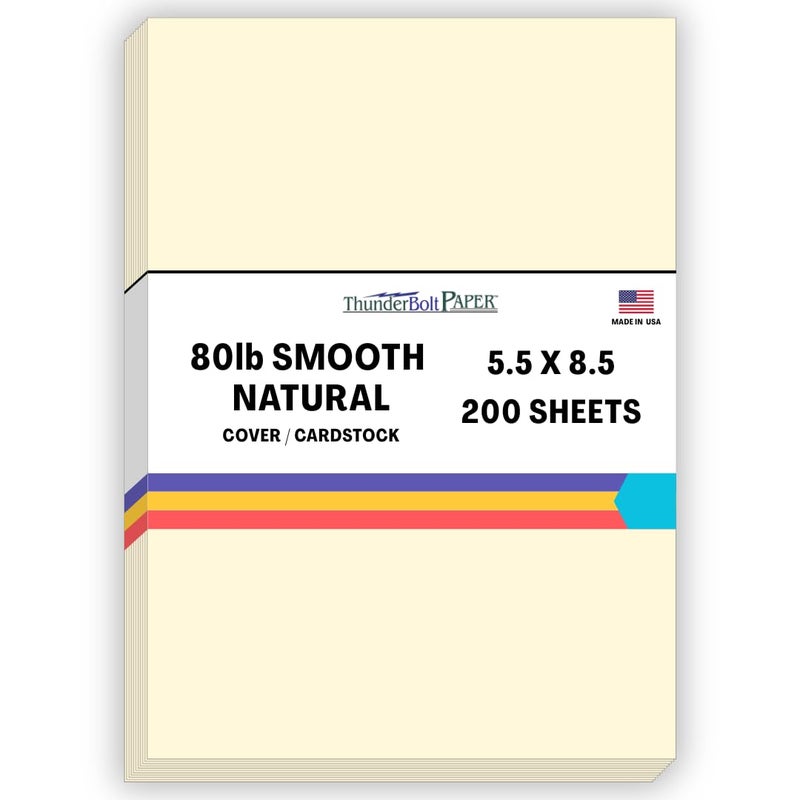 ThunderBolt Paper 200 Natural Smooth Card Stock Sheets Paper - 5.5 X 8.5 Inches Half Letter | Statement Size - 80# (80 lb/pound) Cover Weight - Quality Paper - Smooth Finish - Image 1